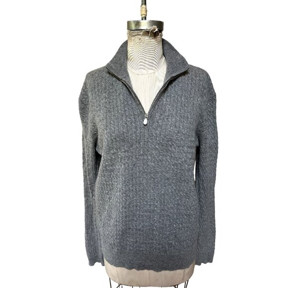 Luxury Cashmere Cable Knit Sweater Half Zip Mock Neck Henley Gray Academia